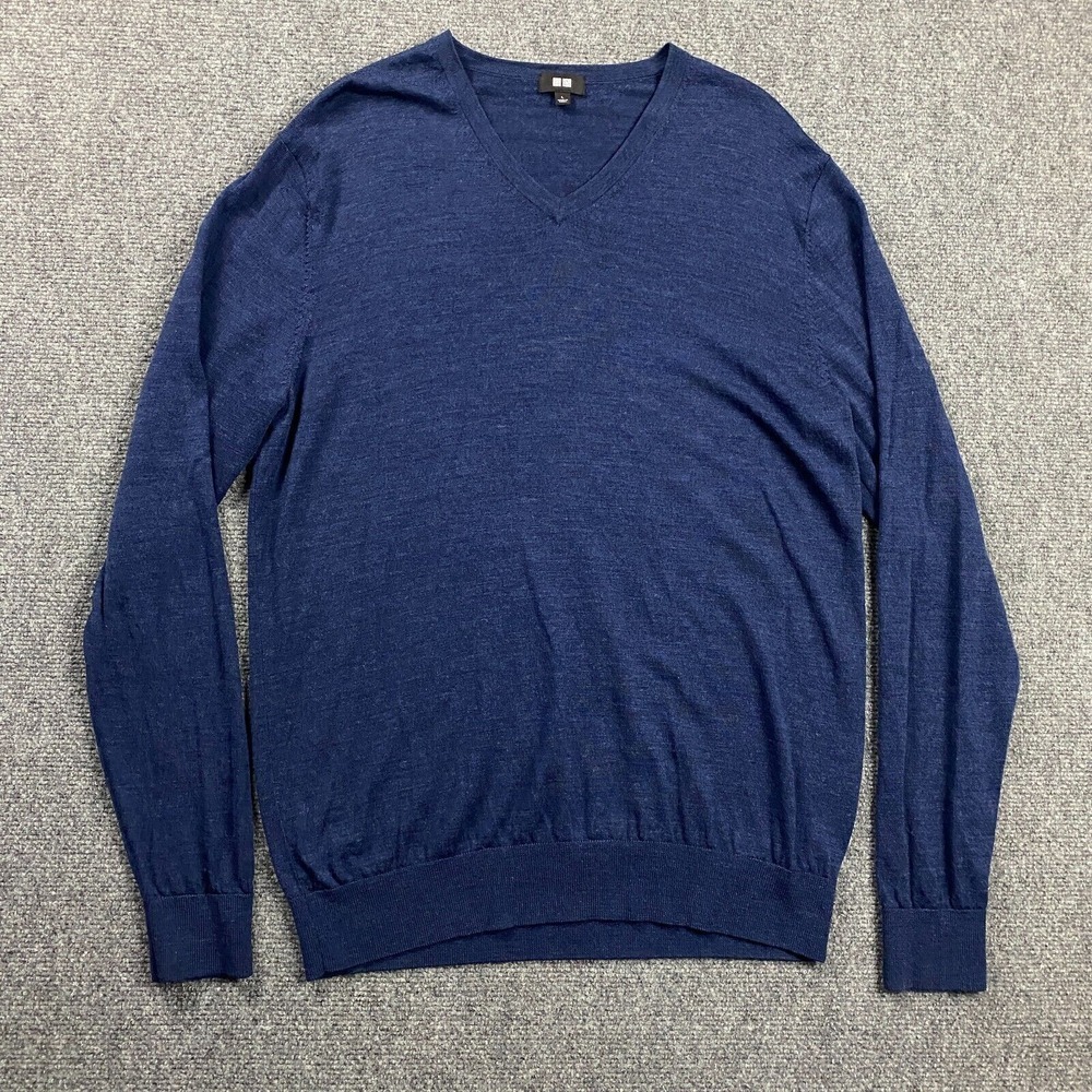 Uniqlo‎ Sweater Mens Large Blue V-Neck Pullover Casual 100% Wool Adults